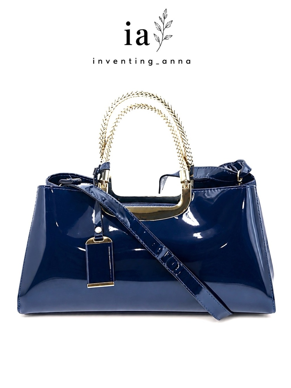 BOUTIQUE BAG Classic Navy Blue Patent Sheen Handbag Gold Rope Handles Elegant